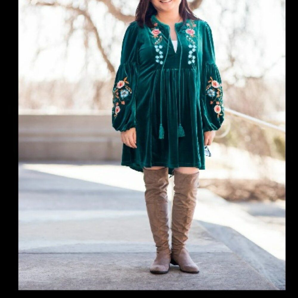 Boho Dark Green Velvet Long Bishop Sleeve Embroidered Mini Dress Sz XXL